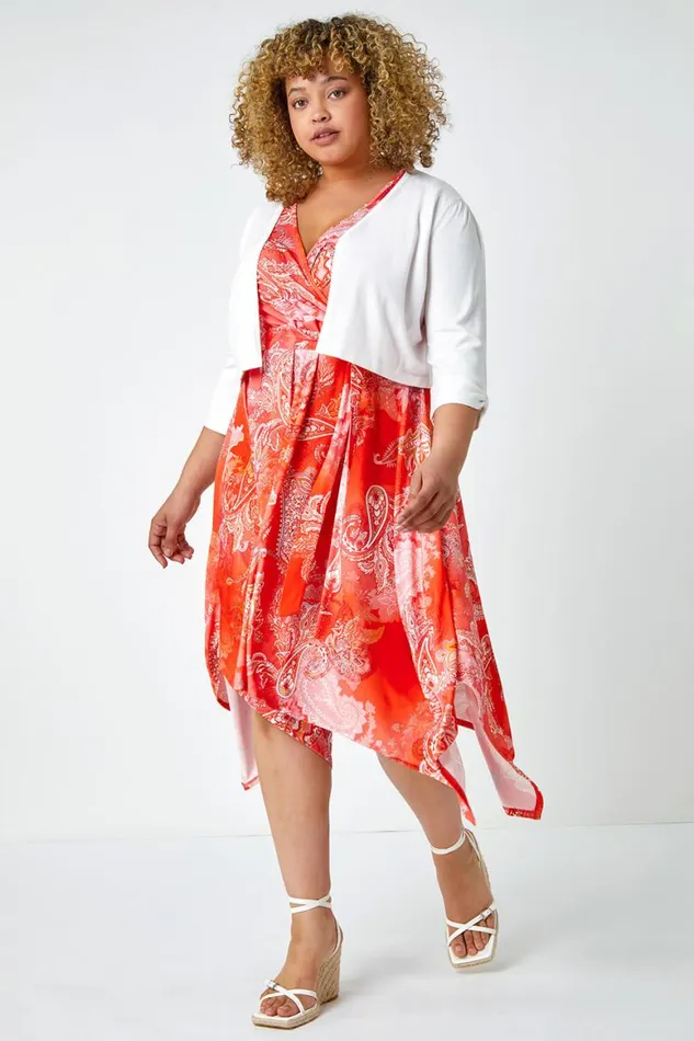 Women Orange Curve Paisley Hanky Hem Stretch Dress Roman Dresses