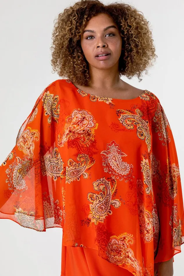 Women Orange Curve Paisley Print Chiffon Top Roman Tops