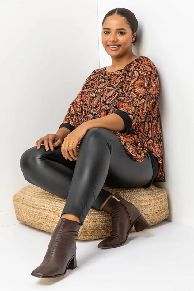 Women Orange Curve Paisley Print Chiffon Top Roman Tops