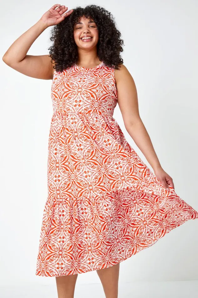 Women Orange Curve Sleeveless Aztec Midi Stretch Dress Roman Dresses