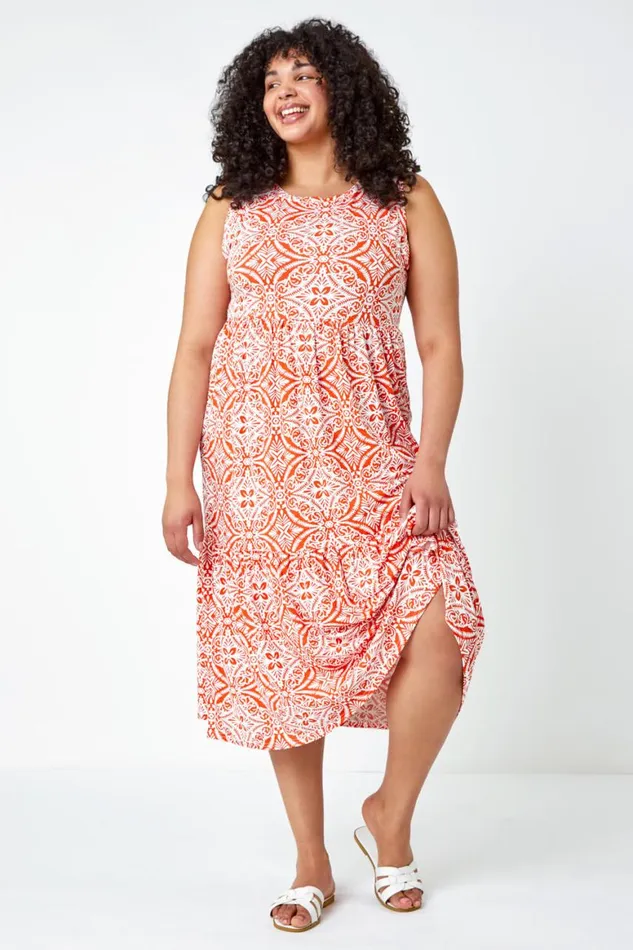 Women Orange Curve Sleeveless Aztec Midi Stretch Dress Roman Dresses