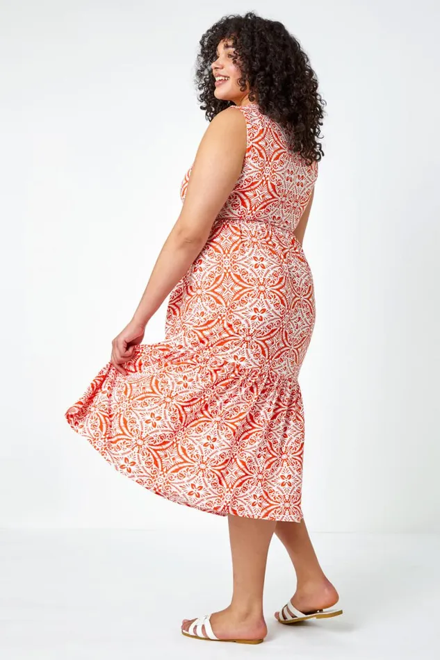 Women Orange Curve Sleeveless Aztec Midi Stretch Dress Roman Dresses