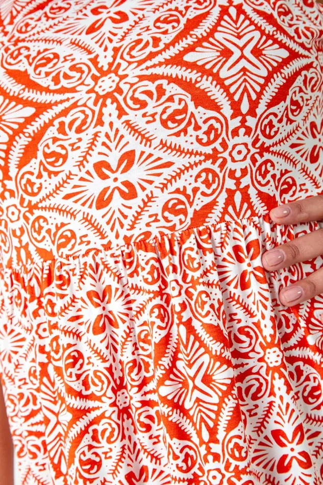 Women Orange Curve Sleeveless Aztec Midi Stretch Dress Roman Dresses