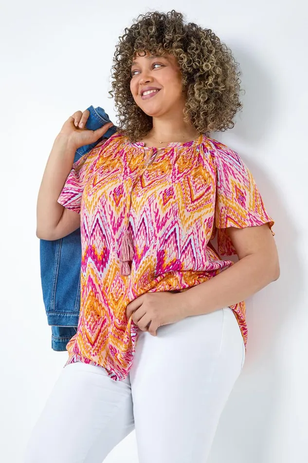 Women Orange Curve Zig Zag Print Tie Tassel Top Roman Tops