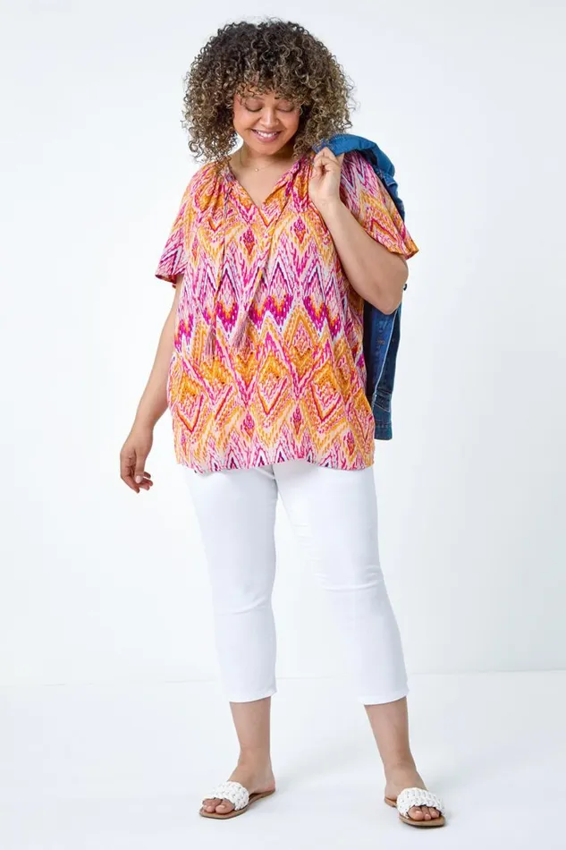 Women Orange Curve Zig Zag Print Tie Tassel Top Roman Tops