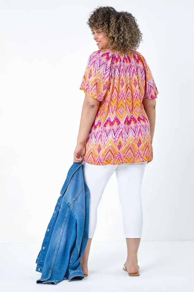 Women Orange Curve Zig Zag Print Tie Tassel Top Roman Tops