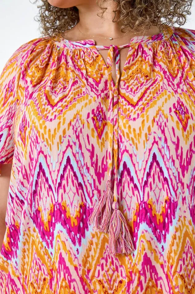 Women Orange Curve Zig Zag Print Tie Tassel Top Roman Tops