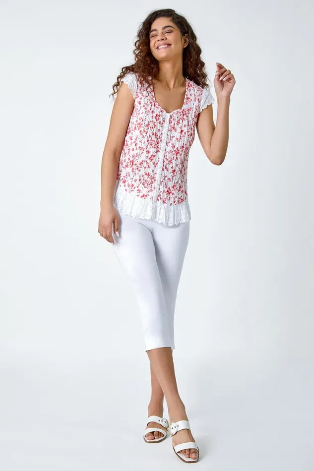 Women Orange Ditsy Lace Trim Cotton Blouse Roman Tops