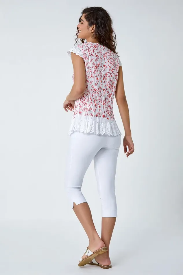 Women Orange Ditsy Lace Trim Cotton Blouse Roman Tops
