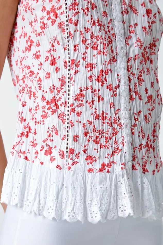 Women Orange Ditsy Lace Trim Cotton Blouse Roman Tops