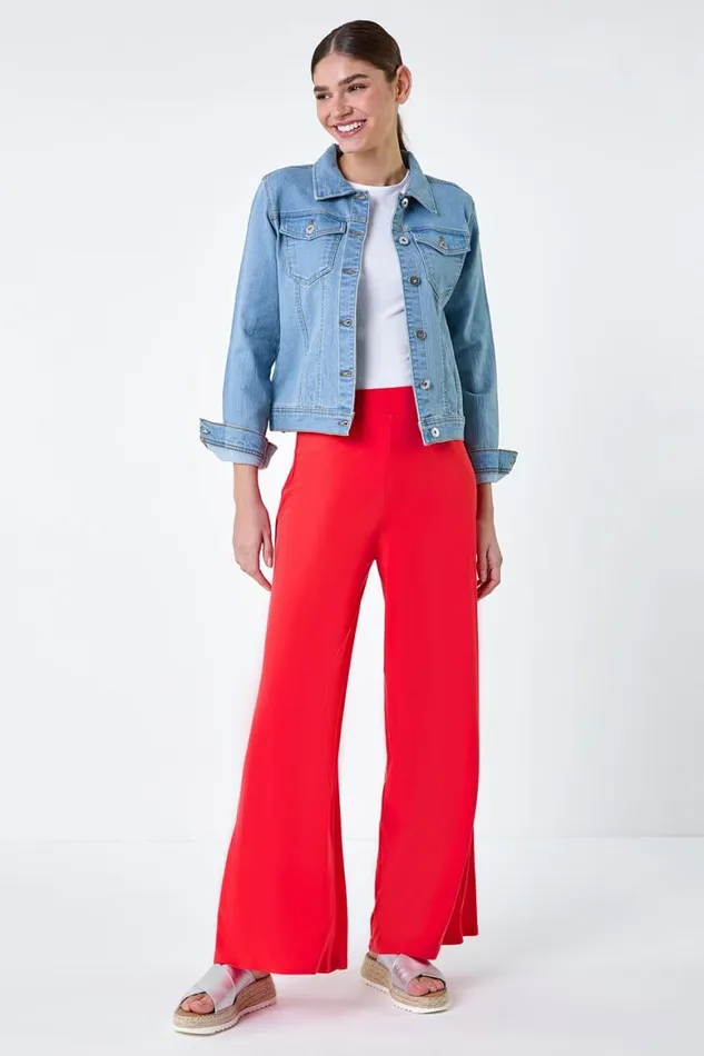 Women Orange Elastic Waist Wide Leg Stretch Trousers Roman Trousers