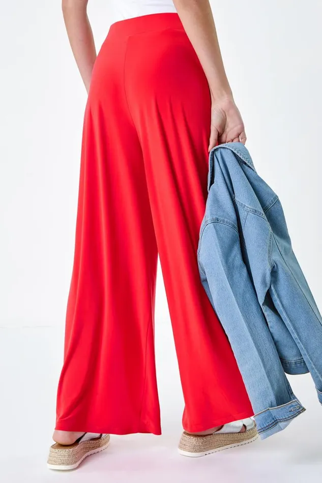 Women Orange Elastic Waist Wide Leg Stretch Trousers Roman Trousers