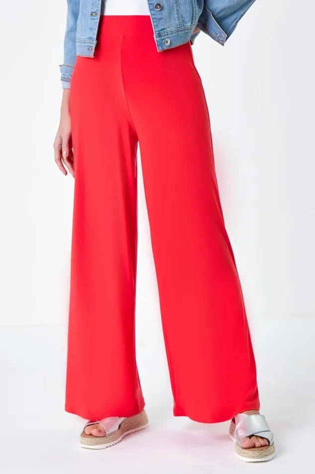 Women Orange Elastic Waist Wide Leg Stretch Trousers Roman Trousers
