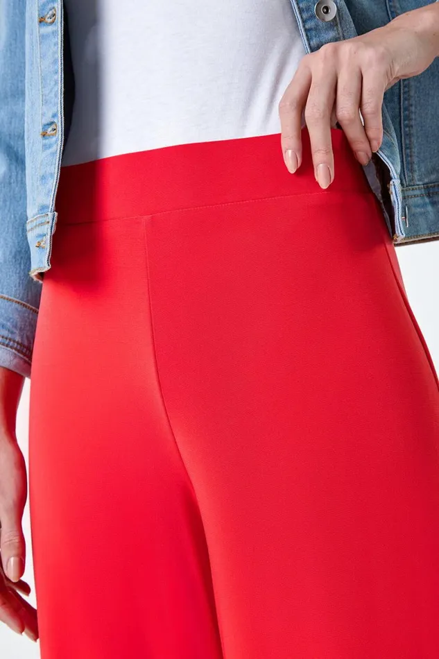 Women Orange Elastic Waist Wide Leg Stretch Trousers Roman Trousers