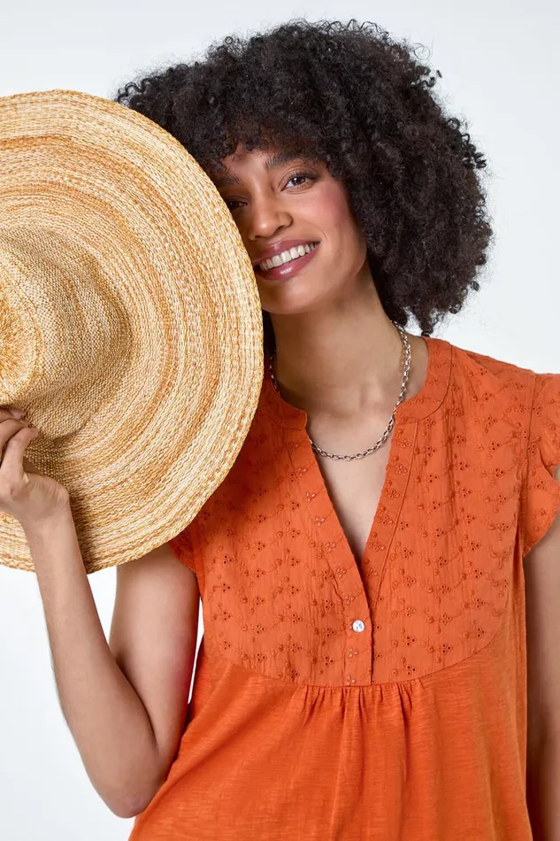 Women Orange Embroidered Frill Cotton Blend VNeck Vest Top Roman Tops