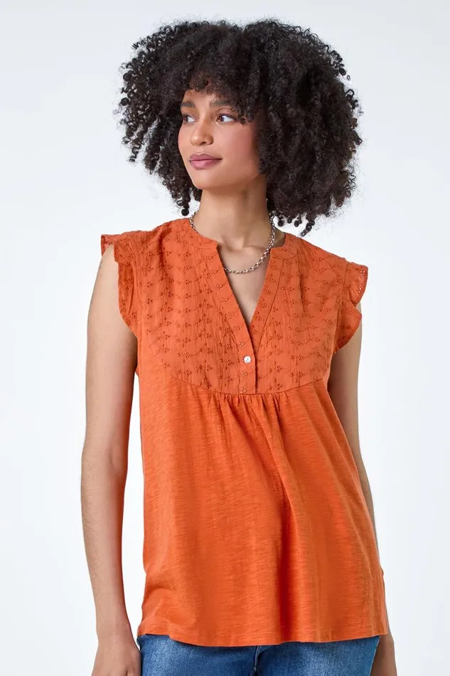 Women Orange Embroidered Frill Cotton Blend VNeck Vest Top Roman Tops
