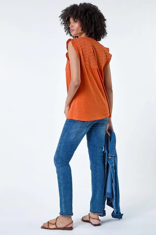 Women Orange Embroidered Frill Cotton Blend VNeck Vest Top Roman Tops