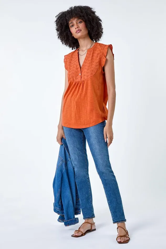 Women Orange Embroidered Frill Cotton Blend VNeck Vest Top Roman Tops