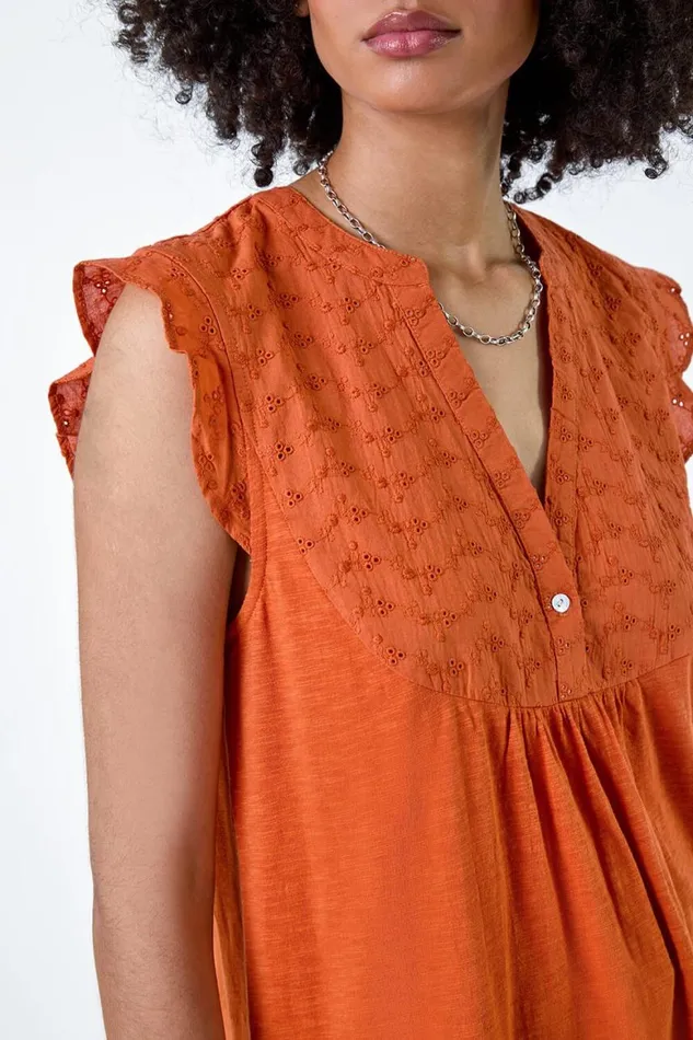 Women Orange Embroidered Frill Cotton Blend VNeck Vest Top Roman Tops