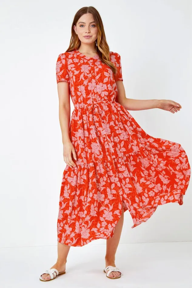 Women Orange Floral Animal Print Tiered Midi Dress Roman Dresses