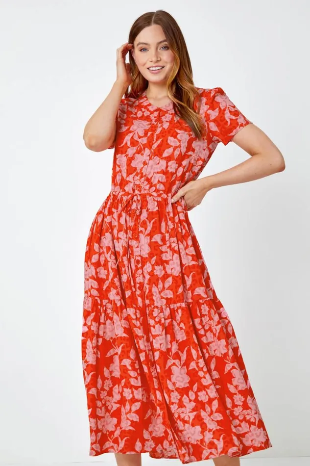 Women Orange Floral Animal Print Tiered Midi Dress Roman Dresses