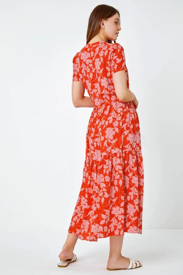 Women Orange Floral Animal Print Tiered Midi Dress Roman Dresses