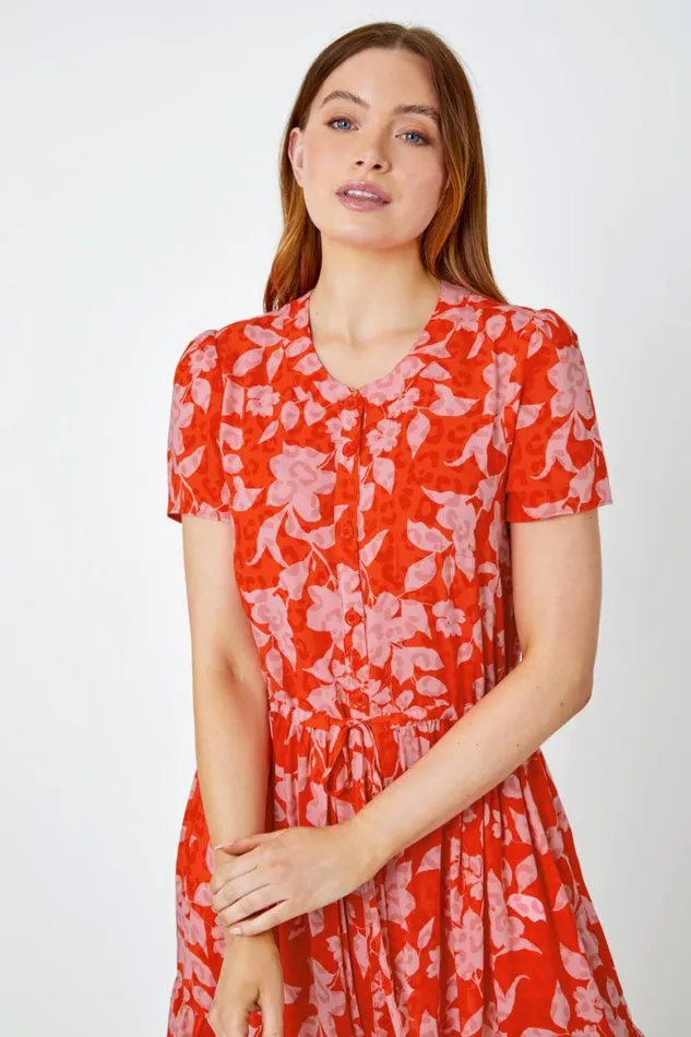 Women Orange Floral Animal Print Tiered Midi Dress Roman Dresses