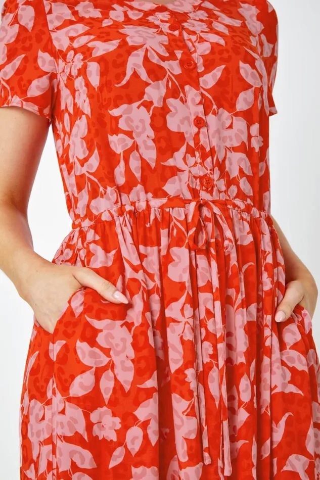 Women Orange Floral Animal Print Tiered Midi Dress Roman Dresses