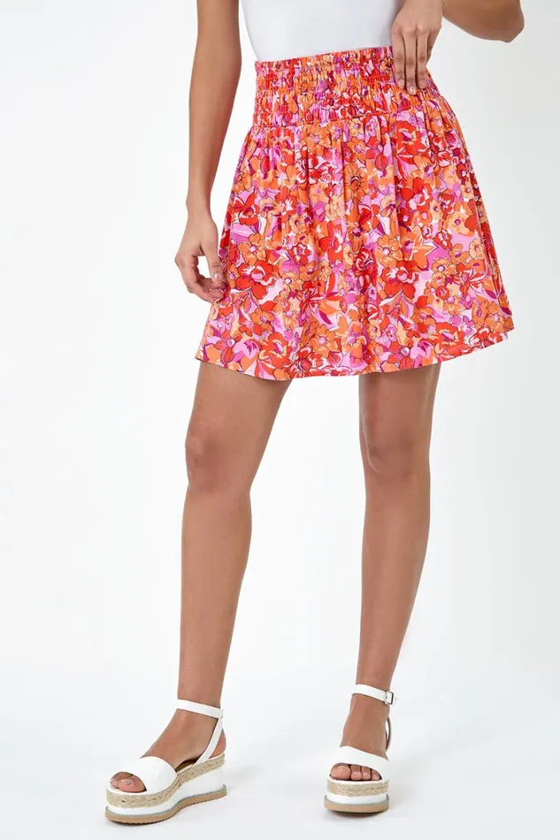 Women Orange Floral Elastic Waist Shirred A Line Mini Skirt Roman Skirts