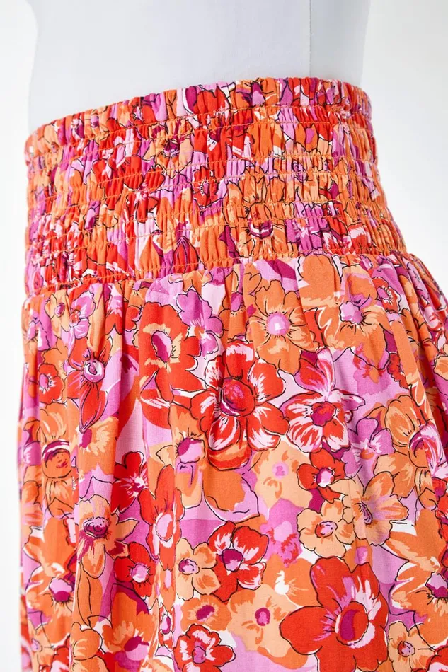 Women Orange Floral Elastic Waist Shirred A Line Mini Skirt Roman Skirts