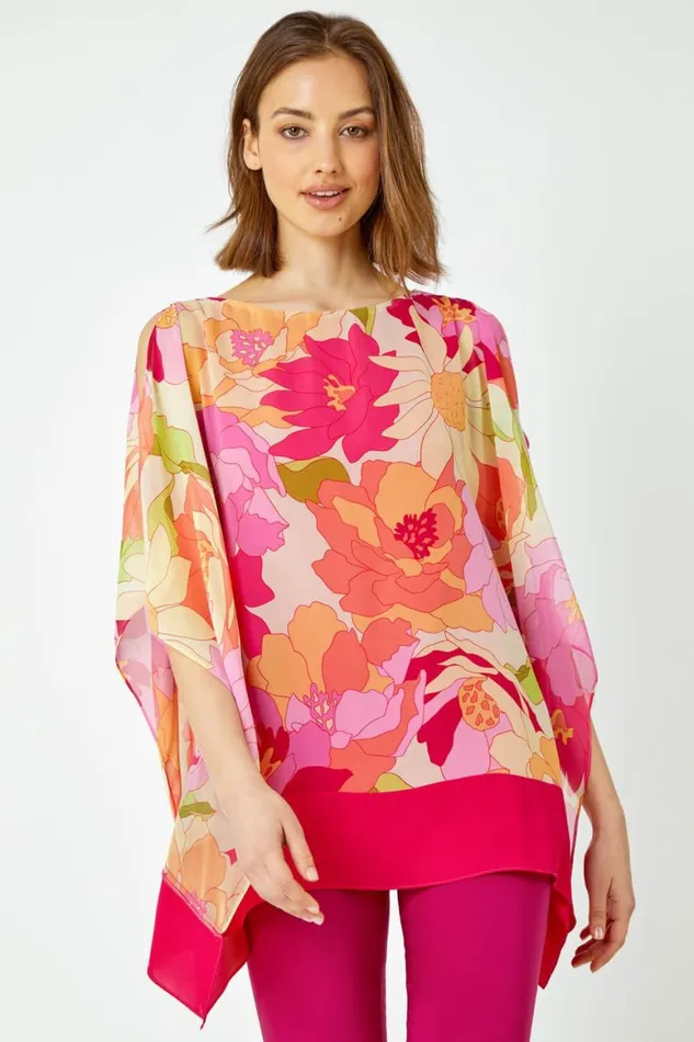 Women Orange Floral Print Cold Shoulder Chiffon Top Roman Tops