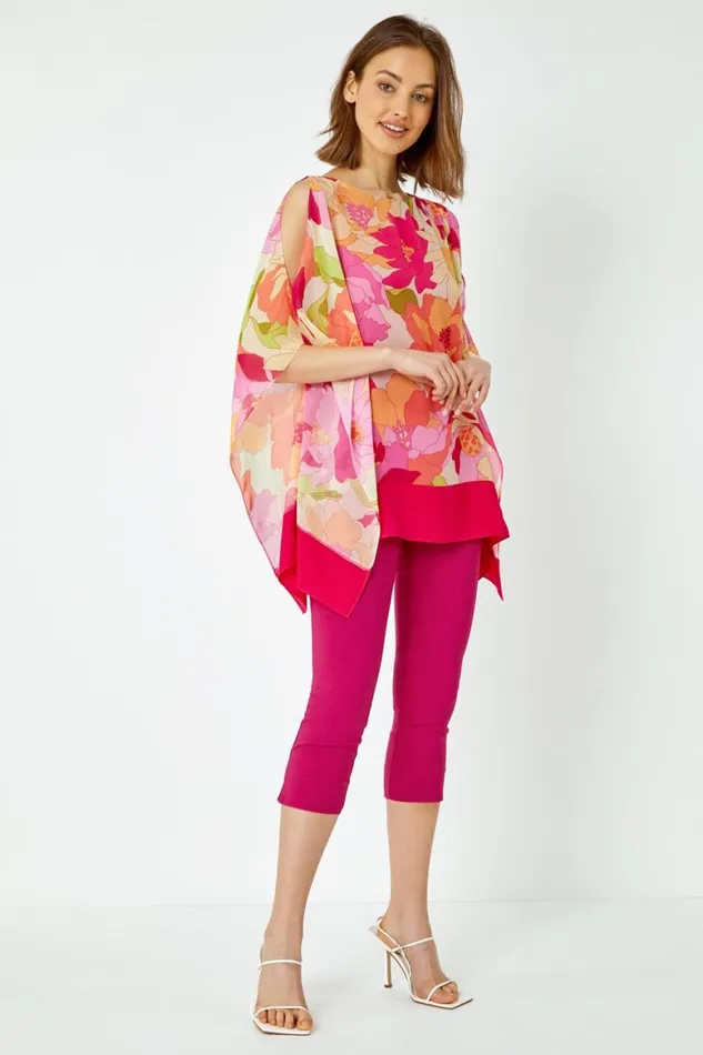 Women Orange Floral Print Cold Shoulder Chiffon Top Roman Tops