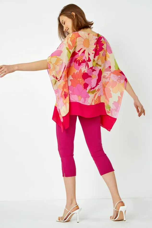 Women Orange Floral Print Cold Shoulder Chiffon Top Roman Tops