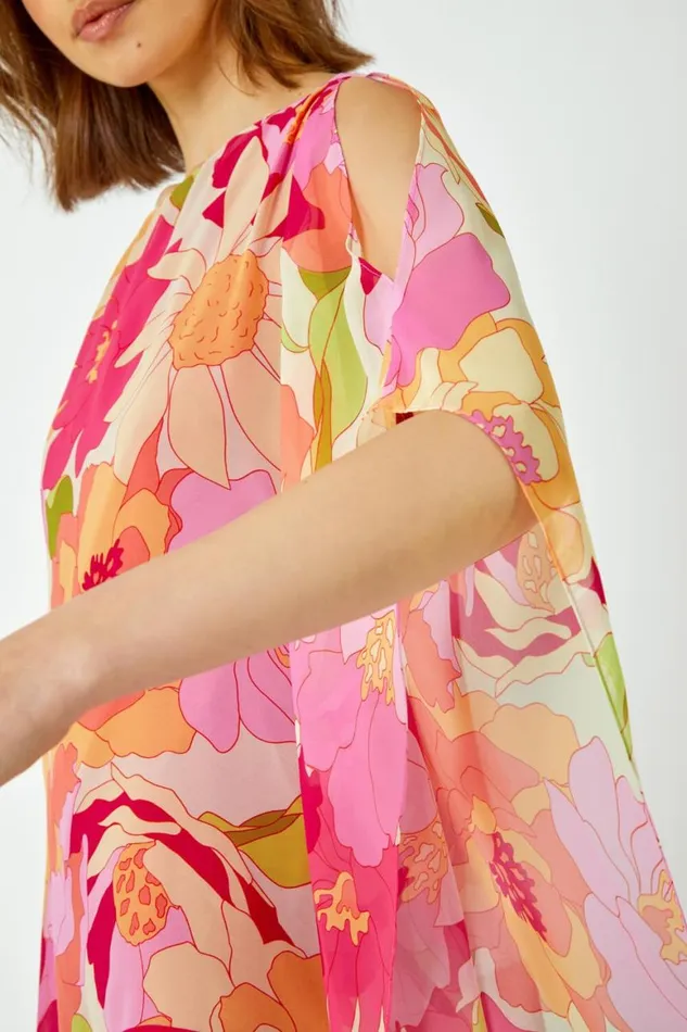 Women Orange Floral Print Cold Shoulder Chiffon Top Roman Tops