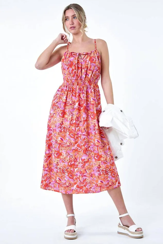 Women Orange Floral Print Shirred Midi Dress Roman Dresses