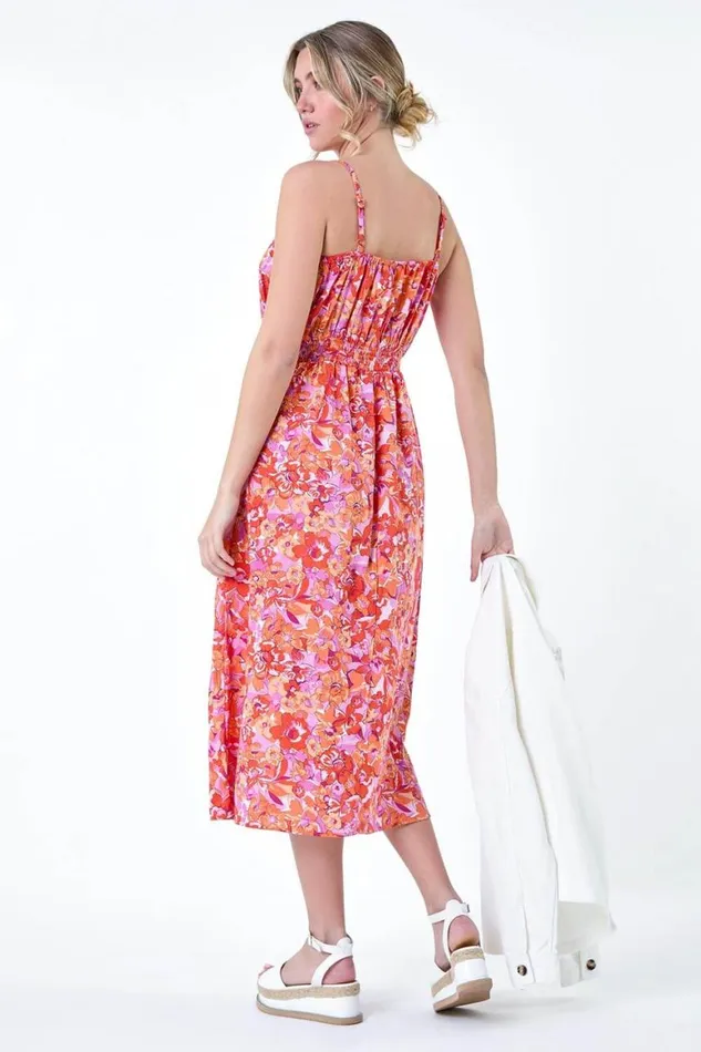 Women Orange Floral Print Shirred Midi Dress Roman Dresses
