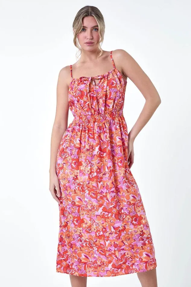 Women Orange Floral Print Shirred Midi Dress Roman Dresses