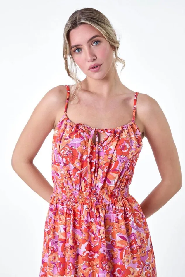 Women Orange Floral Print Shirred Midi Dress Roman Dresses
