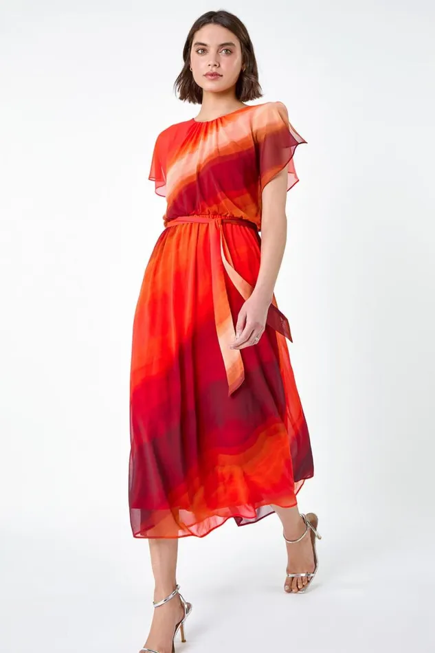 Women Orange Ombre Cape Sleeve Midi Dress Roman Dresses