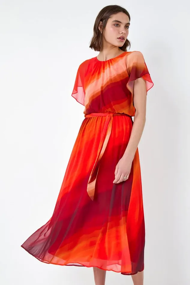 Women Orange Ombre Cape Sleeve Midi Dress Roman Dresses