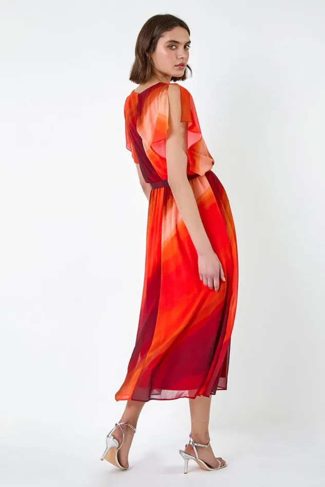 Women Orange Ombre Cape Sleeve Midi Dress Roman Dresses