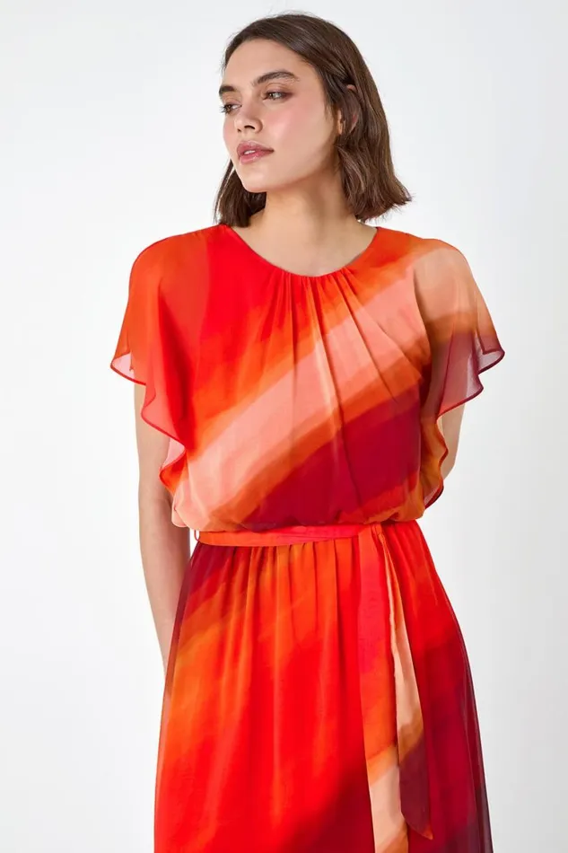 Women Orange Ombre Cape Sleeve Midi Dress Roman Dresses