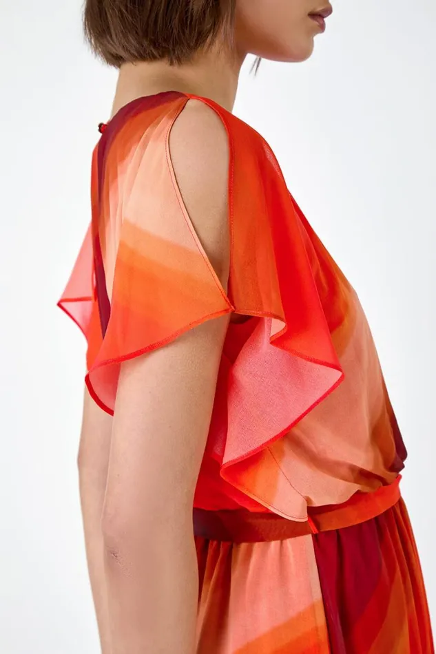 Women Orange Ombre Cape Sleeve Midi Dress Roman Dresses