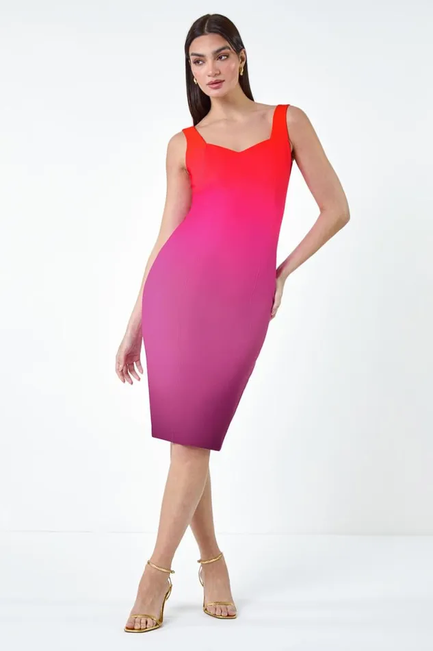 Women Orange Ombre Print Sweetheart Neck Stretch Dress Roman Dresses