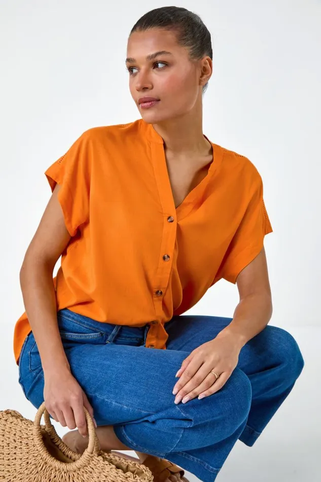 Women Orange Plain Button Through Relaxed VNeck Shirt Roman Tops