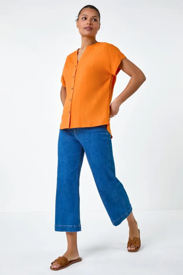Women Orange Plain Button Through Relaxed VNeck Shirt Roman Tops
