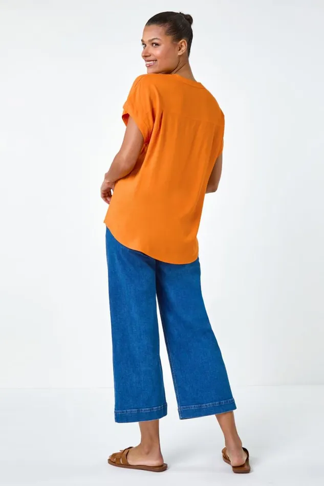 Women Orange Plain Button Through Relaxed VNeck Shirt Roman Tops