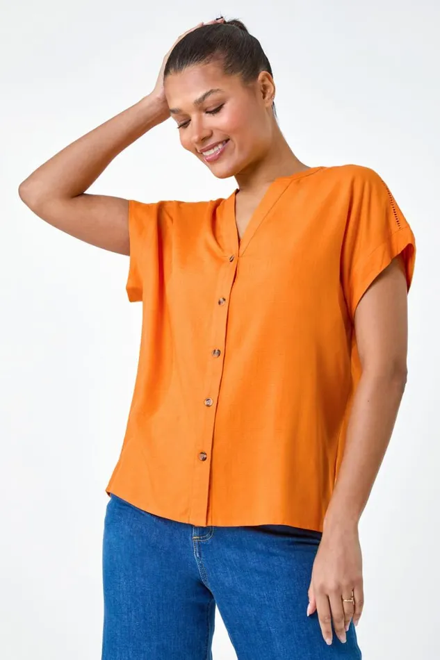 Women Orange Plain Button Through Relaxed VNeck Shirt Roman Tops