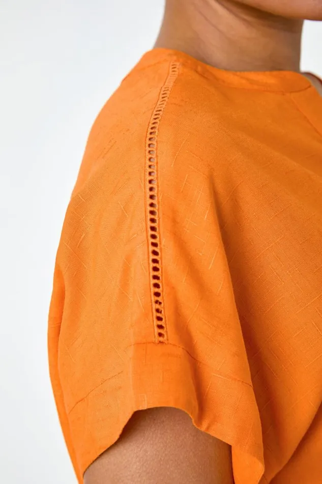 Women Orange Plain Button Through Relaxed VNeck Shirt Roman Tops