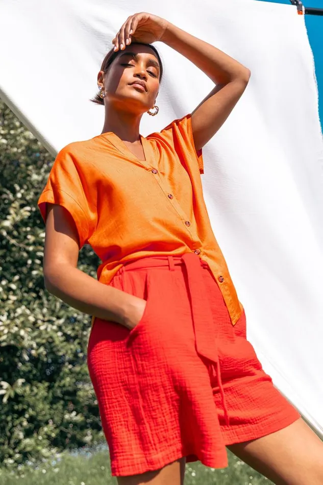 Women Orange Plain Button Through Relaxed VNeck Shirt Roman Tops